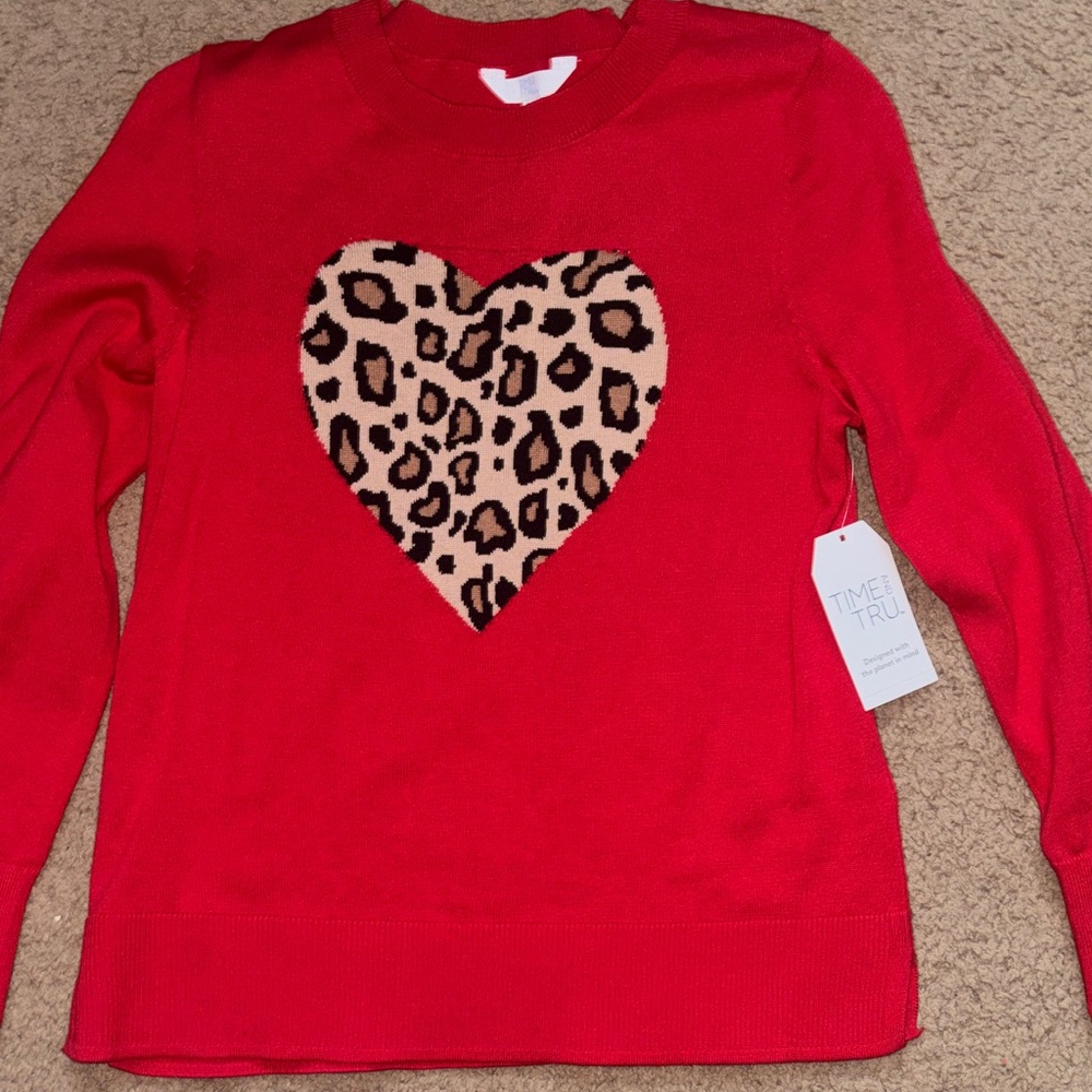 Time and Tru Red Sweater with Leopard Heart